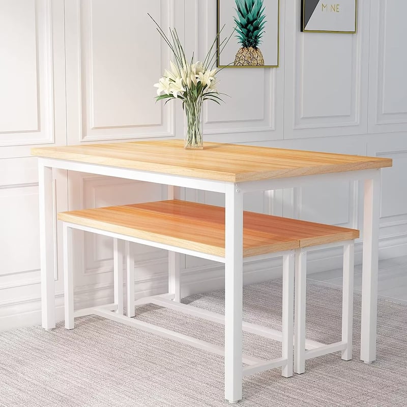 Industrial 3-Piece Dining Table Set, Retro Wood Kitchen Table Set with 2 Benches for Home Kitchen, Dining Room, Restaurant