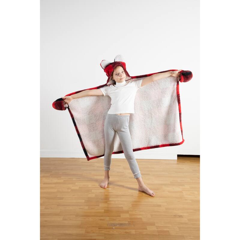 Dearfoams Red and Black Buffalo Check Adult Hooded Throw with Sherpa