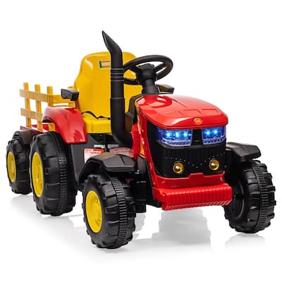 Electric Kids Ride On Tractor with Trailer, 12V Battery Powered Vehicle Toy