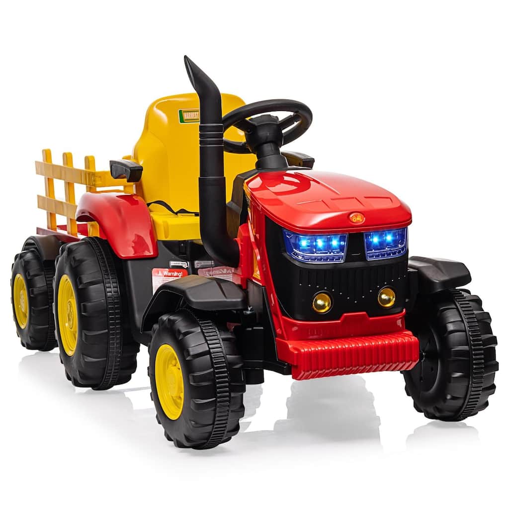 Electric Kids Ride On Tractor with Trailer, 12V Battery Powered Vehicle Toy