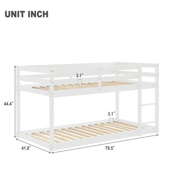 dimension image slide 3 of 4, Twin over Twin Floor Bunk Bed with Ladder & Guardrails, Wood Bedframe