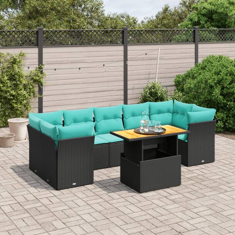 vidaXL 8 Piece Patio Sofa Set with Cushions Black Poly Rattan - 24.4 x 24.4 x 27.2 - Black-With table