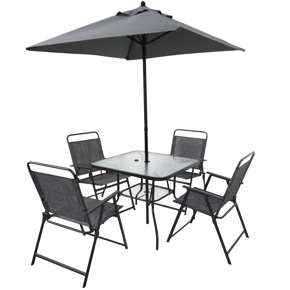 Dining Set for 4 People, Dining Table with Tempered Glass Top, Outdoor Table and Chairs with 4 Folding Chairs and Umbrella