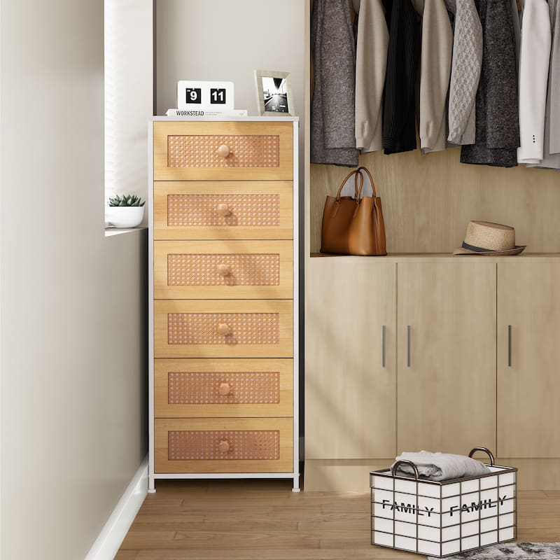 6 Drawers Chest - Vertical Storage Tower Steel / Wood / Fabric Dresser