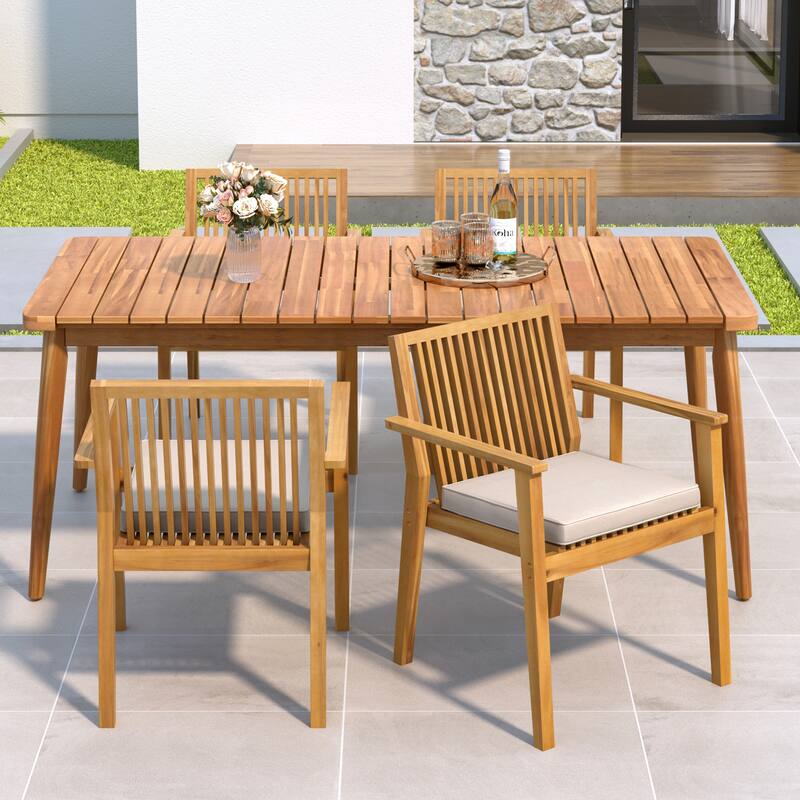 Roomfitters 5-Piece Acacia Wood Outdoor Dining Set, Patio Table and 4 Slatted Armchairs with Removable Cushions, Natural - Natural,Teak