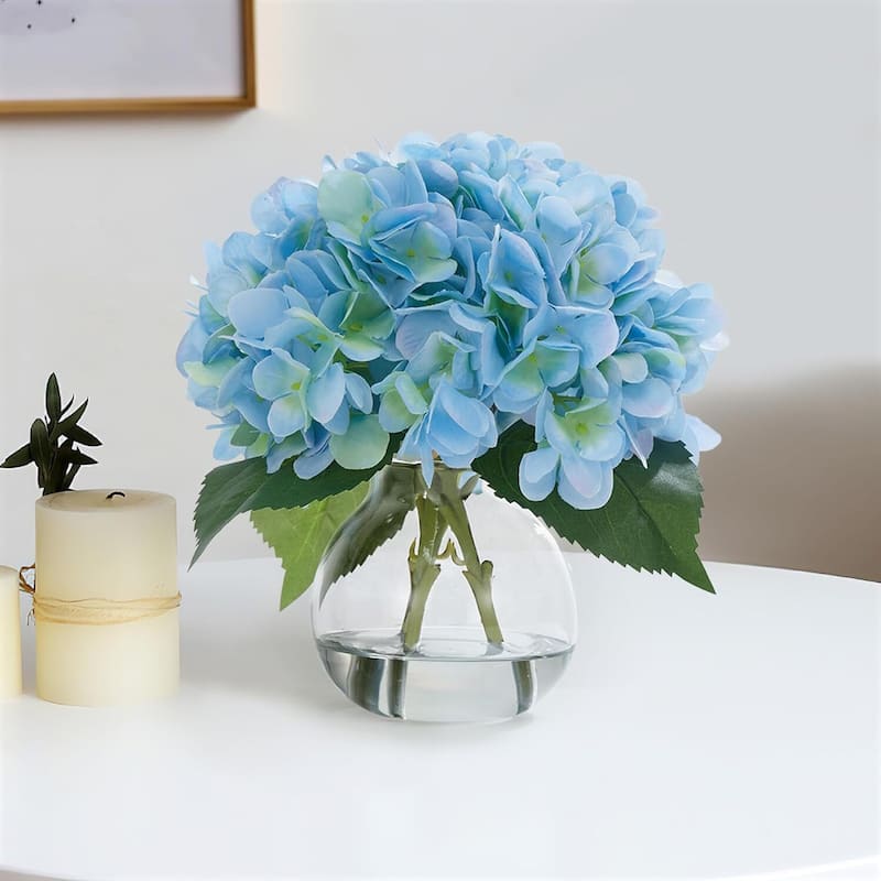 2 Pack Artificial Hydrangea Flowers in Glass Vase with Faux Water for Home Decor - 2 pcs
