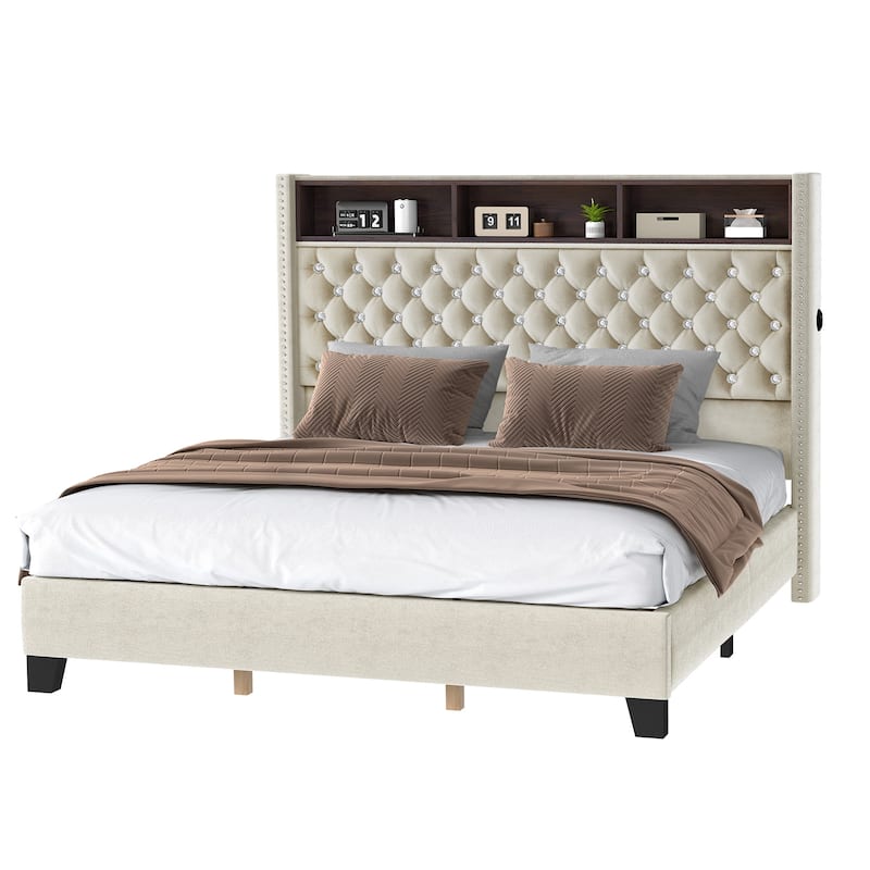 58" Tall Wingback Storage Headboard Bed Frame with USB Charging Stations and Deep Button Tufted