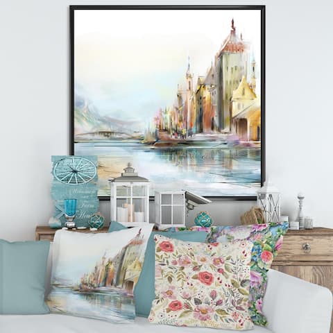 Designart "Zurich By The River In Afternoon Sunlight" Lake House Framed Canvas Wall Art Print