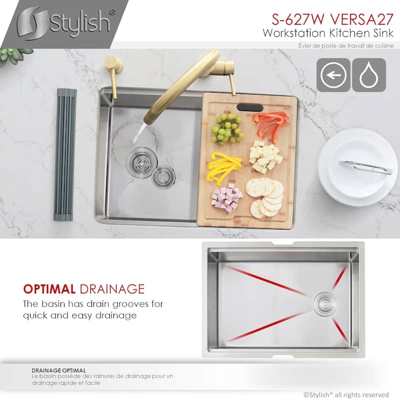 STYLISH 27 inches Workstation Single Bowl Undermount 16 Gauge Stainless Steel Kitchen Sink with Built in Accessories Handmade