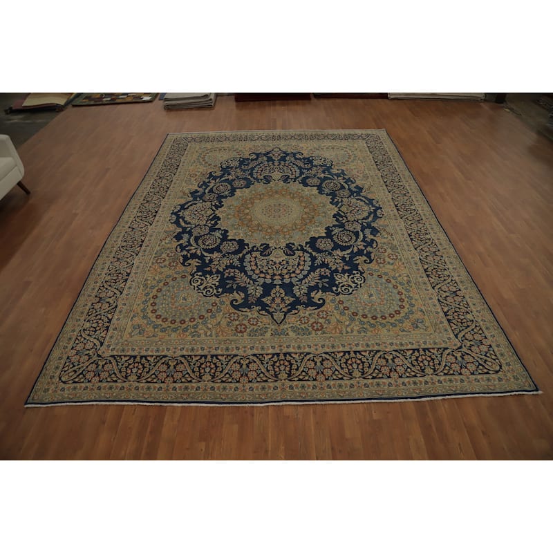 Hand Knotted Oriental 100% Wool Carpet Traditional Floral Navy Blue & Blues Kerman Area Rug - 13' 4'' X 10' 0''