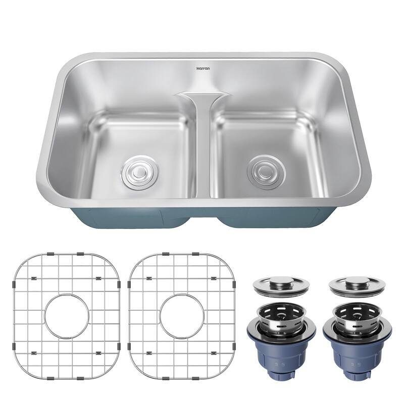 Karran Profile 32” Undermount 18 Gauge Low Divider Double Bowl Stainless Steel Kitchen Sink with Accessories