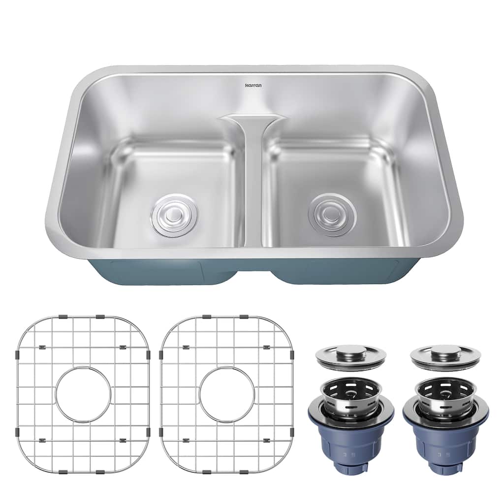 Karran Profile 32” Undermount 18 Gauge Low Divider Double Bowl Stainless Steel Kitchen Sink with Accessories