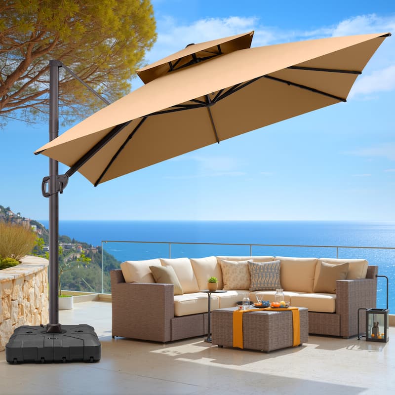 VredHom Double Top 10x10 FT Square Patio Cantilever Umbrella with Wheel Base
