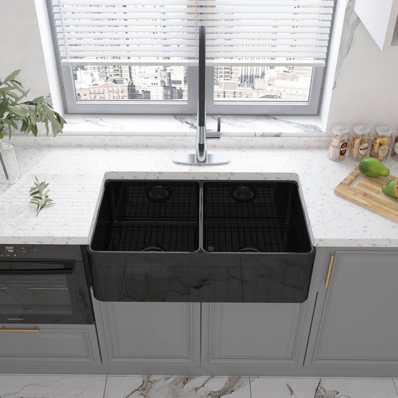 33 in. Farmhouse/Apron-Front Double Bowl Fireclay Kitchen Sink with Striped Design Reversible Installation, Grids and Strainers