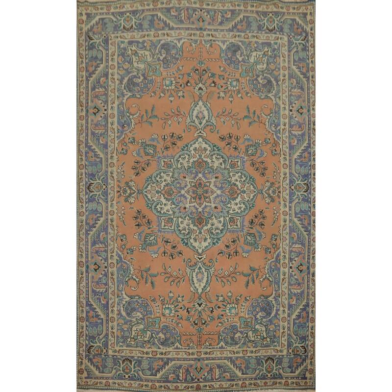Hand Knotted Oriental 100% Wool Carpet Traditional Floral Oranges & Rust Tabriz Area Rug - 9' 7'' X 6' 8''