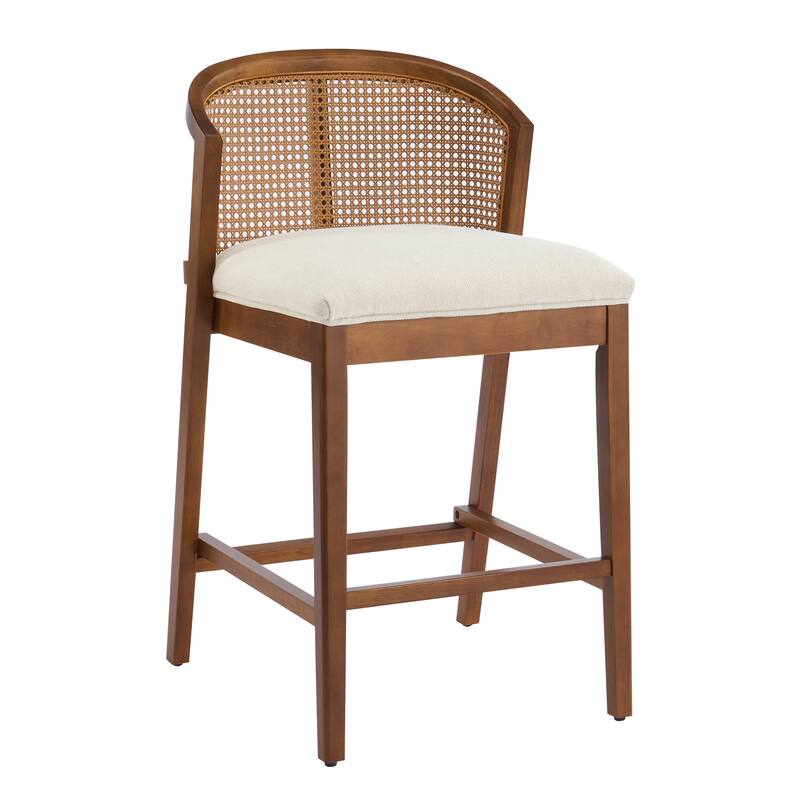 Roomfitters Tatti Indoor Wooden Counter Stools with Rattan Back and Beige Upholstery, Set of 2 - Set of 2