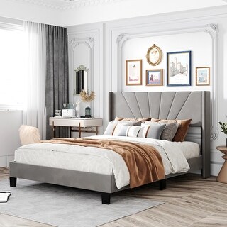 Gray Elegant Design Queen Size Velvet Upholstered Platform Bed with ...