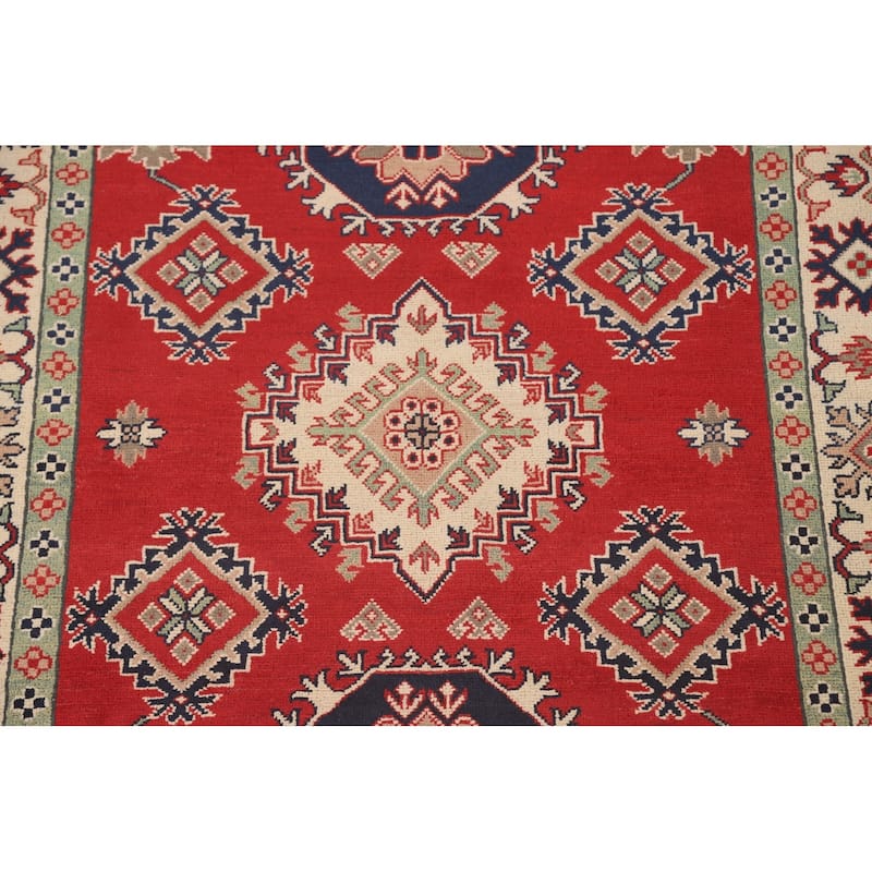 Geometric Kazak Area Rug Handmade Red Wool Carpet - 5'1" x 6'8"