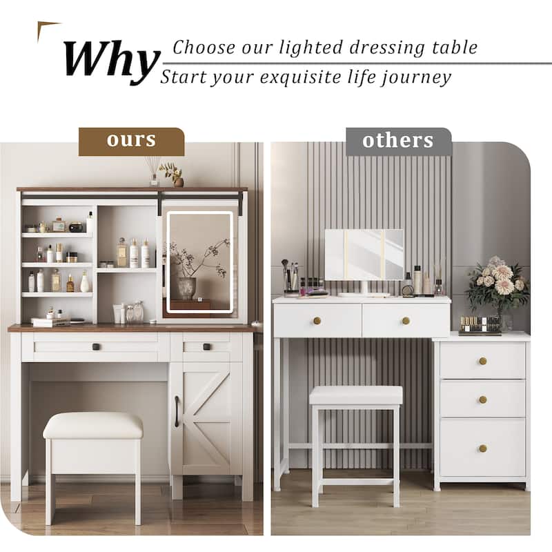 Farmhouse Makeup Vanity Desk with Sliding Mirror and Lights and Hairdryer holder and charging socket
