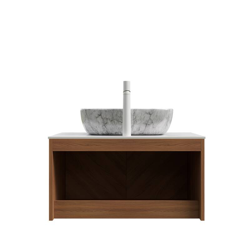 30"/36"/48" Floating Bathroom Vanity with Vessel Sink, Wall Mounted Sintered Stone Countertop Bathroom Storage Cabinet
