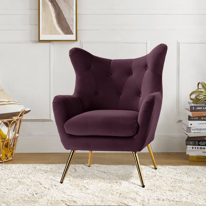 Eusebio Tufted Velvet Accent Chair with Wingback, Arms, and Metal Gold Legs for Living Room or Bedroom by HULALA HOME
