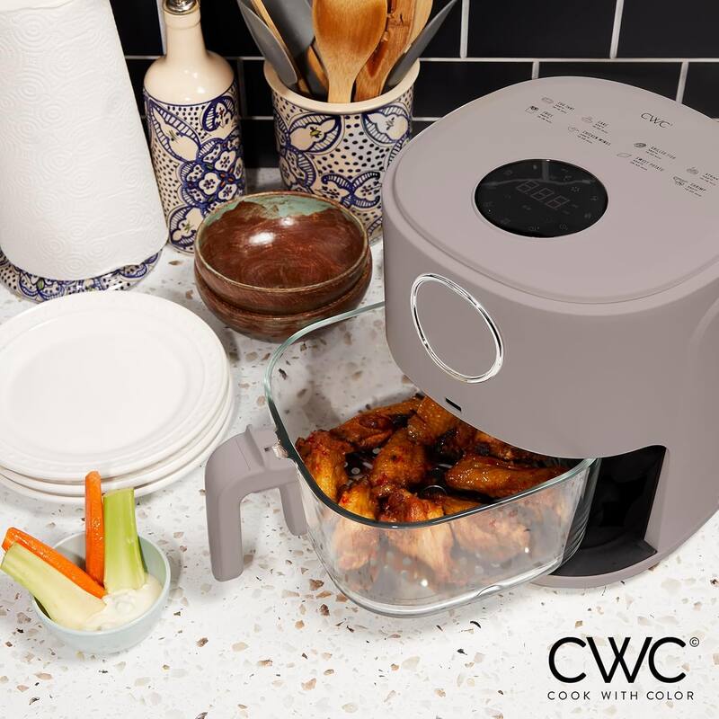 COOK WITH COLOR 1200W Air Fryer: Glass Basket, Dishwasher Safe, 60min Timer, 6 Presets, Temp Control 175F-400F, 4 - 5.5 QT
