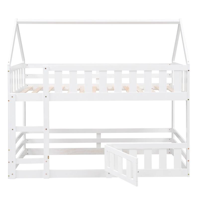 Twin over Twin House Bunk Bed with Fence and Door