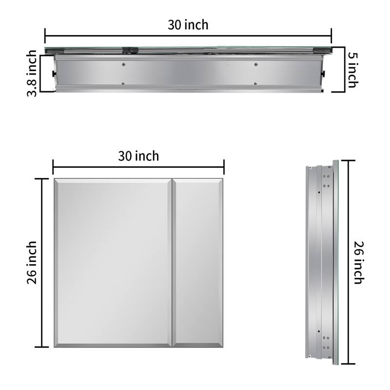 30 x 26 Inch Aluminum Bathroom Medicine Cabinet with Mirror, Recessed or Surface Mount, Large Storage