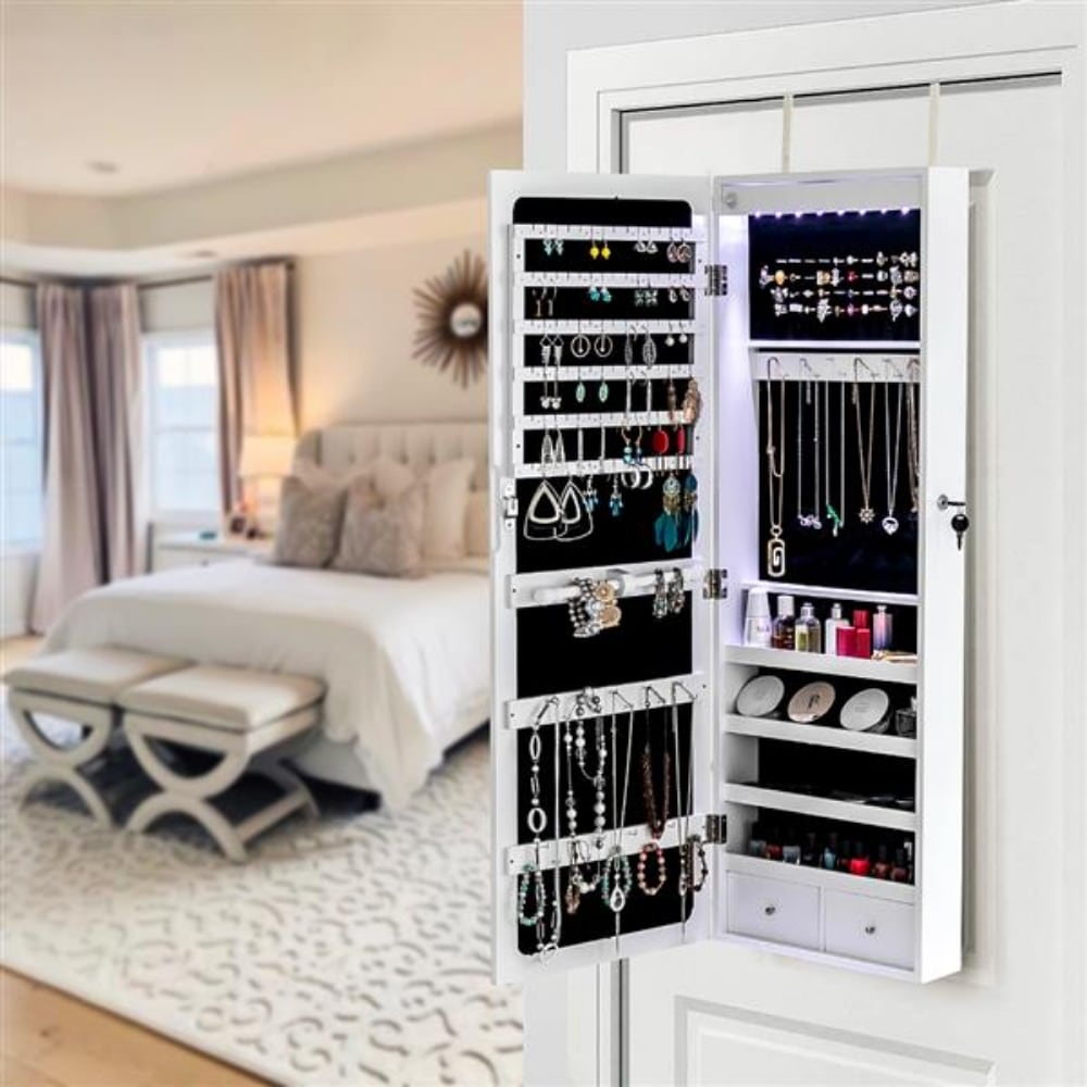 White led wall on sale mounted storage mirror