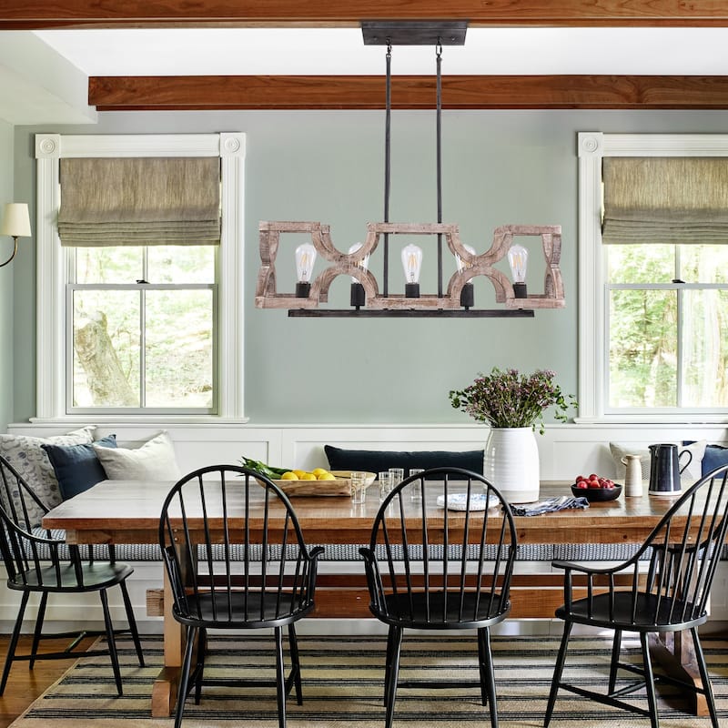 5-Light Coastal Distressed Wood Chandelier Farmhouse Adjustable Kitchen Island Pendant Light - 20" X 31"/20" X 32"