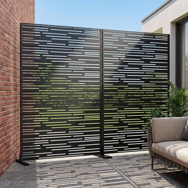 Outdoor Privacy Screen with Stand for Patio Garden Metal Fence Set of 2 - Black - 72"x47"