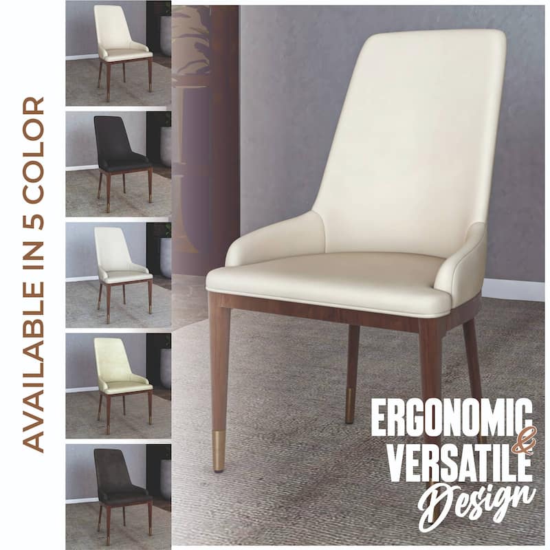 Dining Chair Upholstered in Leather with Rubberwood Frame Set of 2 Side Chair High Back and Gold Accent Legs