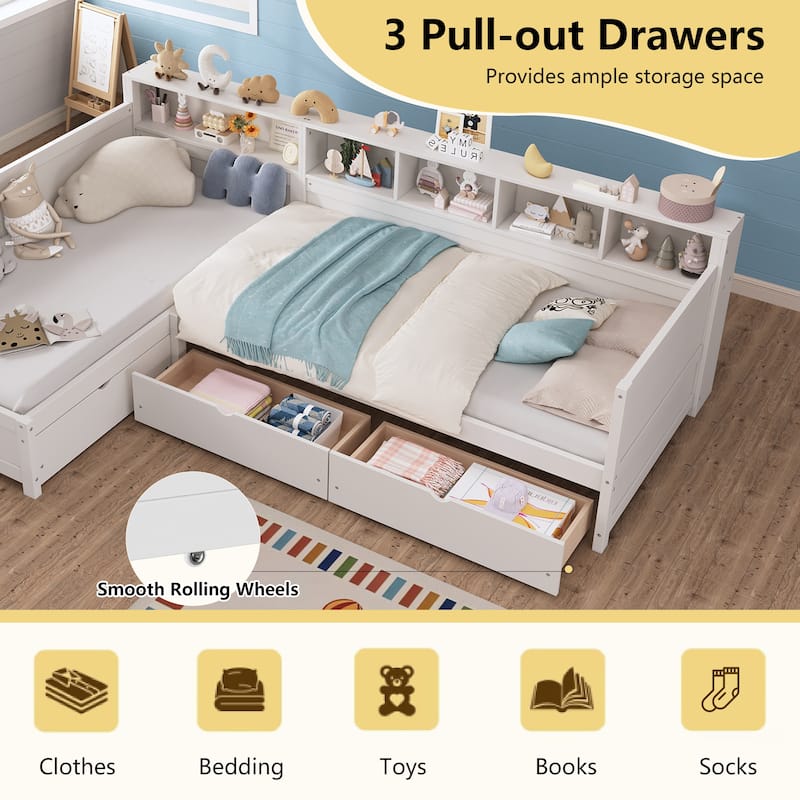 Roomfitters Twin L-Shaped Daybed for 2 with 3 Storage Drawers, Wooden Corner Bed Frame with Bookshelf for Bedroom