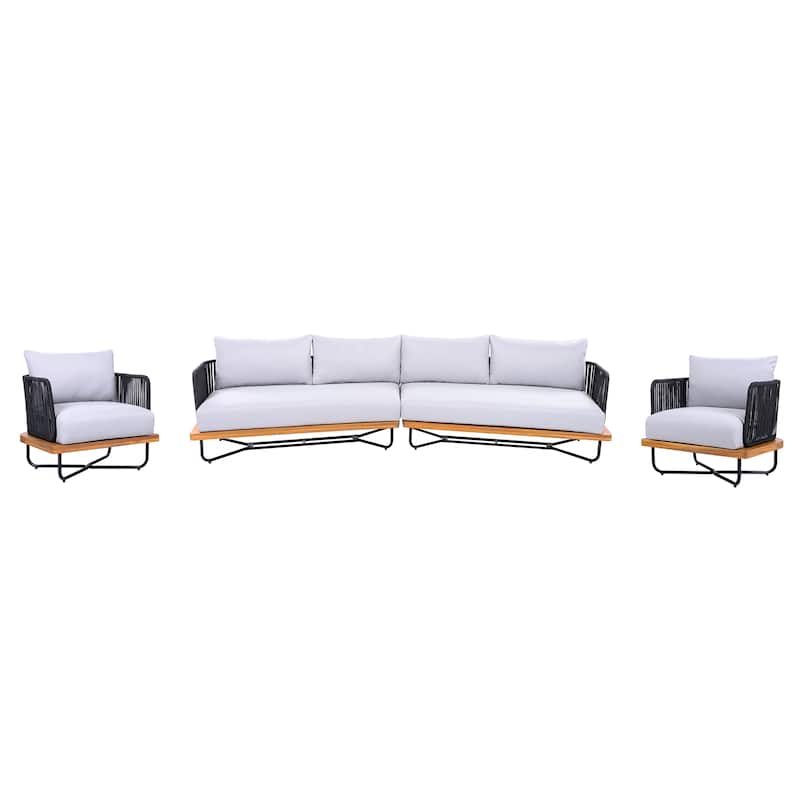 Christopher Knight Home - Evelyn Patio Outdoor Acacia Wood Rope Sofa Set - Sofa Set + 2 chairs (No Table) - Teak finsh+Grey cushion+Black rope