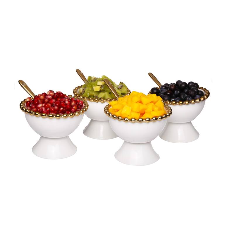 Alice Pazkus 4.5"D Set Of 4 Gold White Porcelain Dessert Cups With Spoons