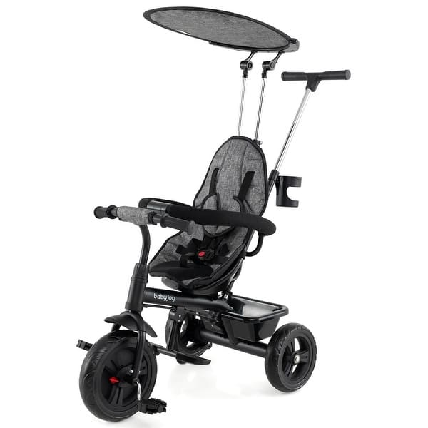 slide 2 of 18, Costway Toddler Tricycle, 7 in 1 Push Trike with Adjustable Canopy Grey
