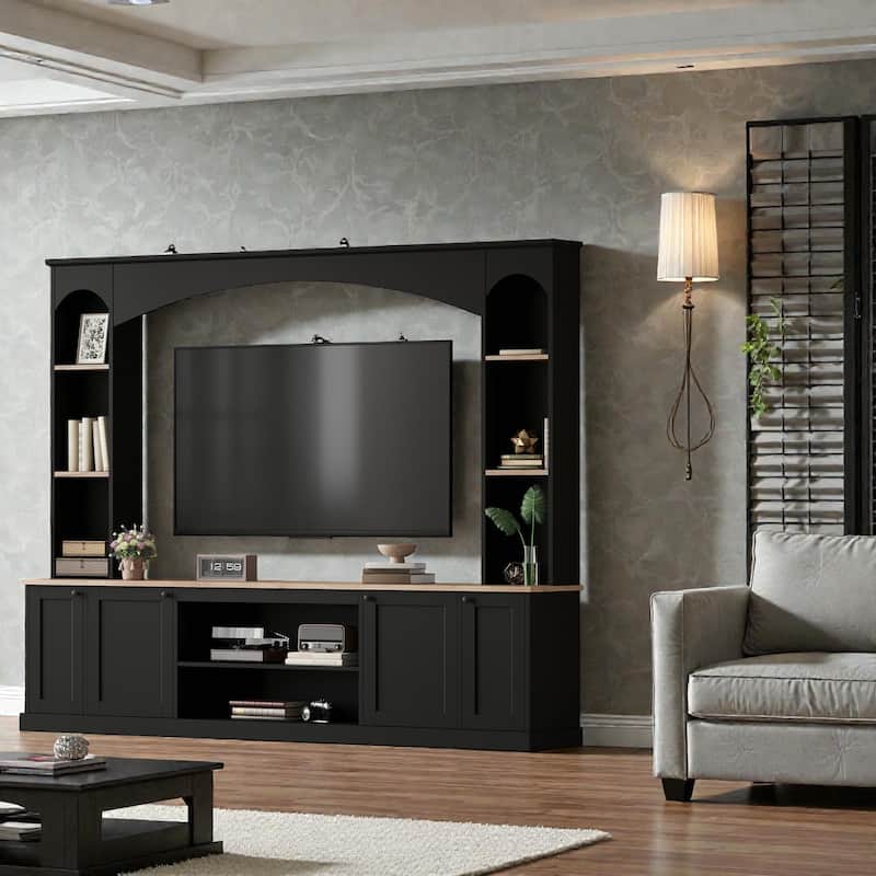 91" Arched Entertainment Center with Bookshelves, Farmhouse TV Stand for TVs up to 70", Media Console