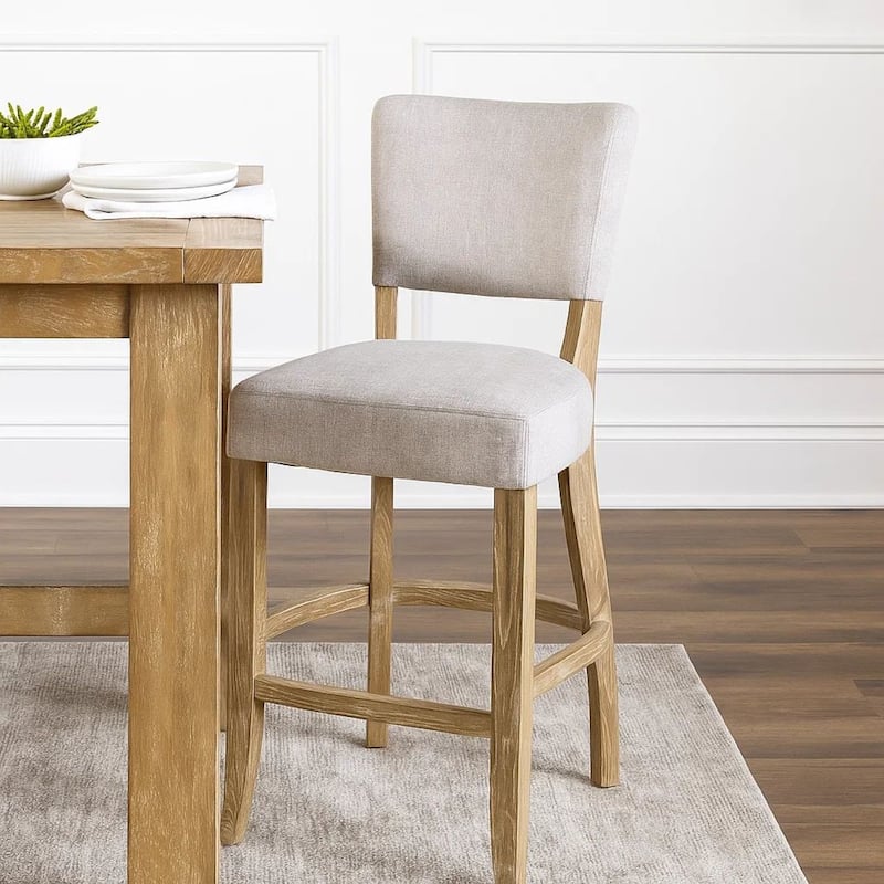 Ryna Barstool Chair, Plush Light Gray Fabric, Washed Oak Solid Wood