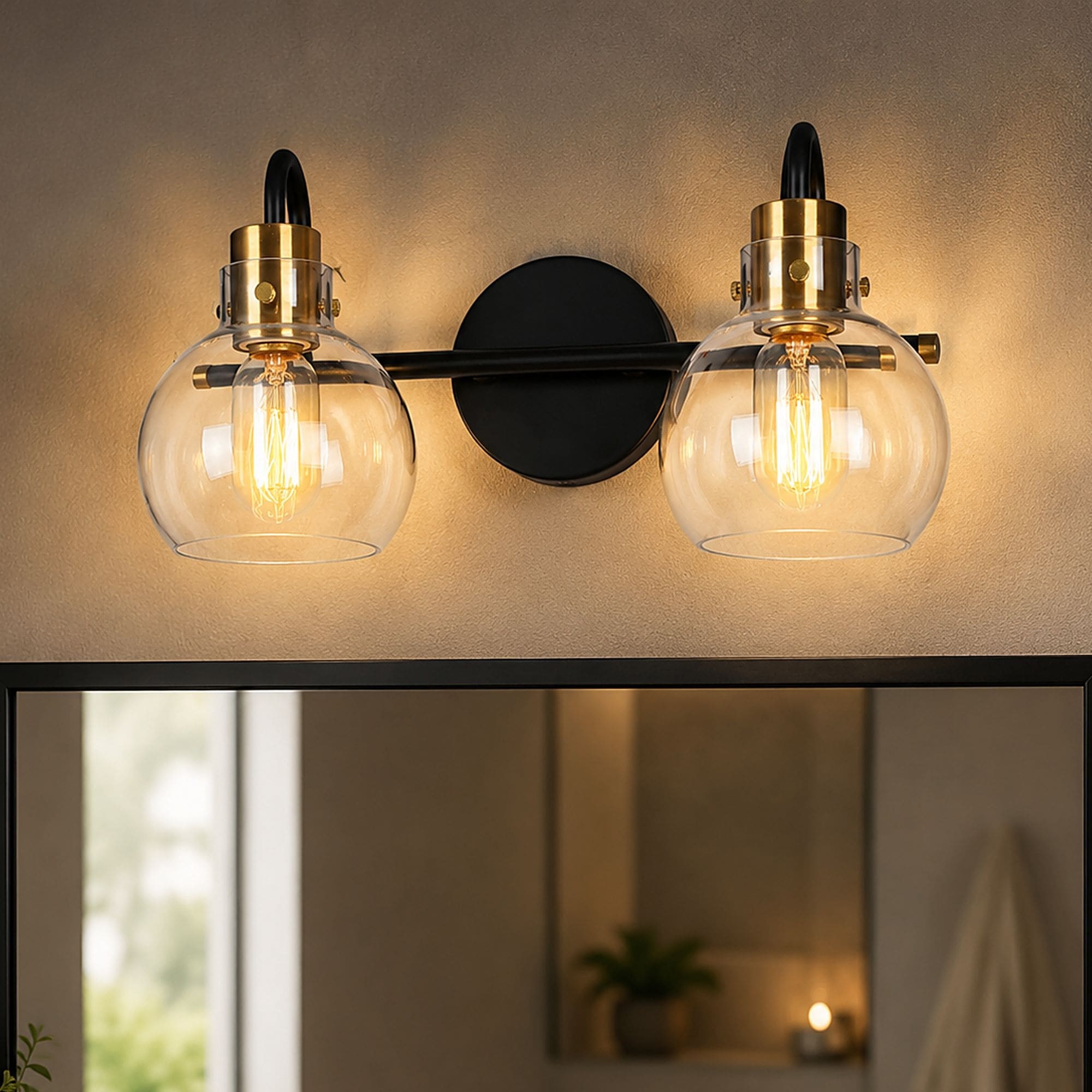 Modern 2-Light Black Gold Bathroom Vanity Light Wall Sconce with Clear Glass - 14.5" L x 8" W x 8.5" H