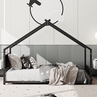 Twin/Full Size Iron House Bed with Roof and Colorful Lights, Heavy Duty Metal Floor House Bed Frame with Slats and Legs