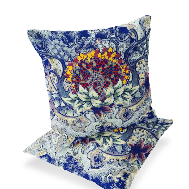 HomeRoots Set of Two 16" X 16" Blue and Yellow Blown Seam Floral Indoor Outdoor Throw Pillow - 16.00' X '16.00' X '5.00
