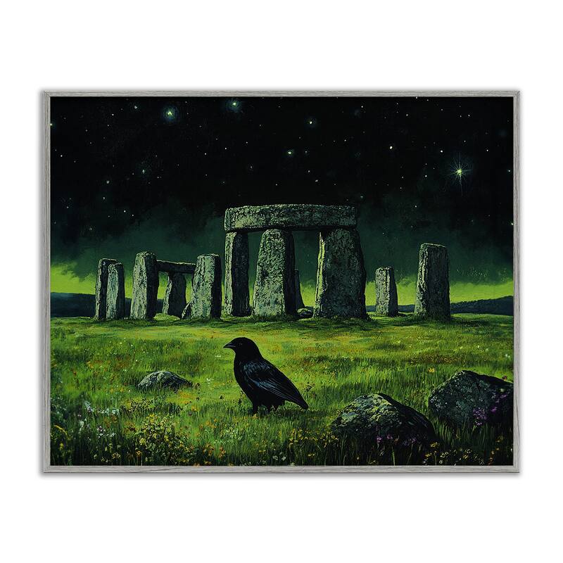 Stupell Crow & Stonehenge at Night Framed Giclee Art Design By Tom Crehan - 20 x 16 - Grey