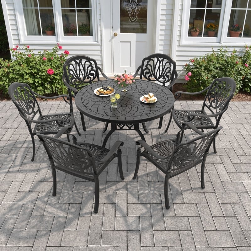 5/7-Piece Cast Aluminum Outdoor Dining Set with 47.24 in. Round Table and Seat Cushions