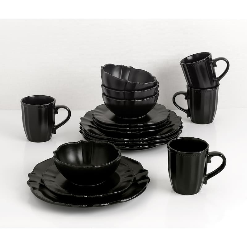 Lorren Home Trends 16 Piece Scalloped Edge Black Dinnerware