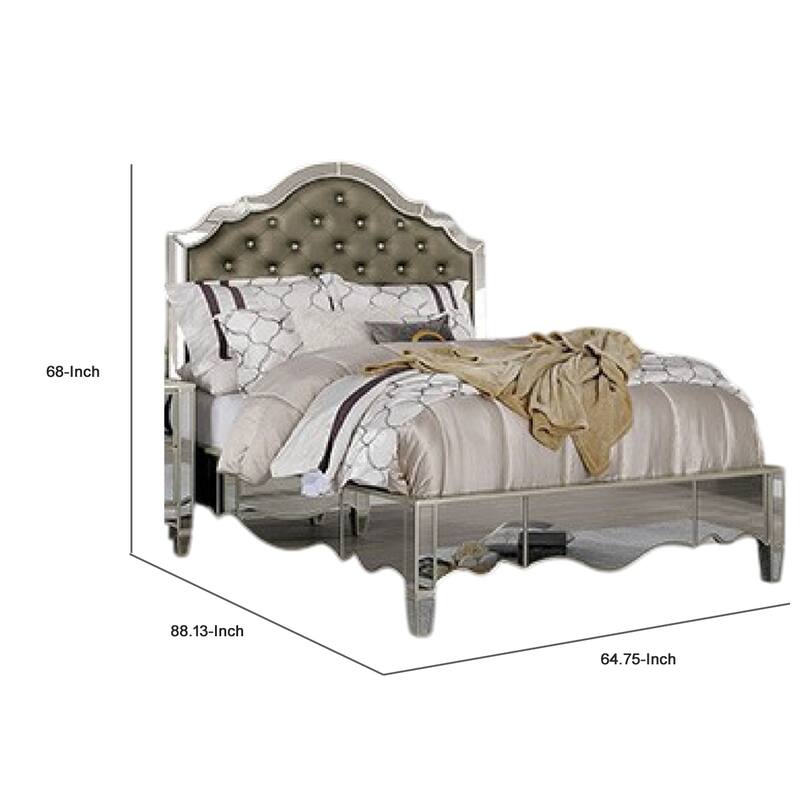 Mila Queen Bed, Carved Button Tufted Faux Leather Upholstery, Mirrored, Silver