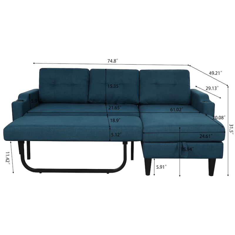 Pull Out Couch, L Shaped Convertible Sleeper Sofa Bed with Hidden Storage, 3-in-1 Upholstered Sectional Sofa with Cup Holder