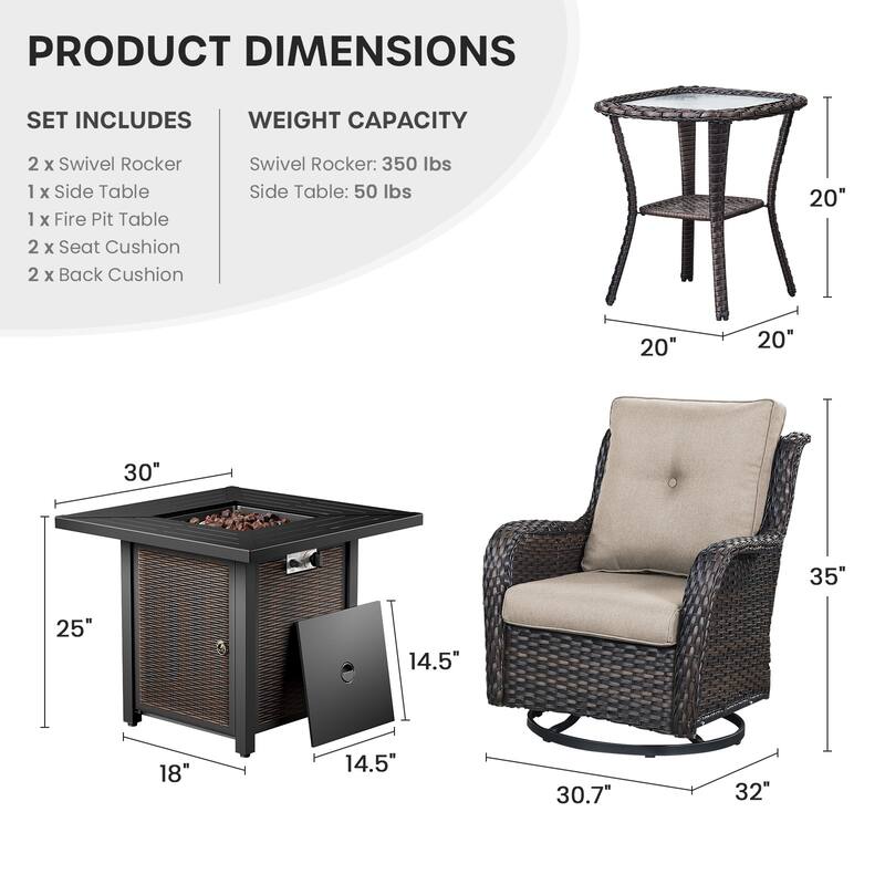 Gymojoy 4-Piece Outdoor Fire Pit Set with 2 Swivel Chairs & Side Table for Patio, Deck, Garden