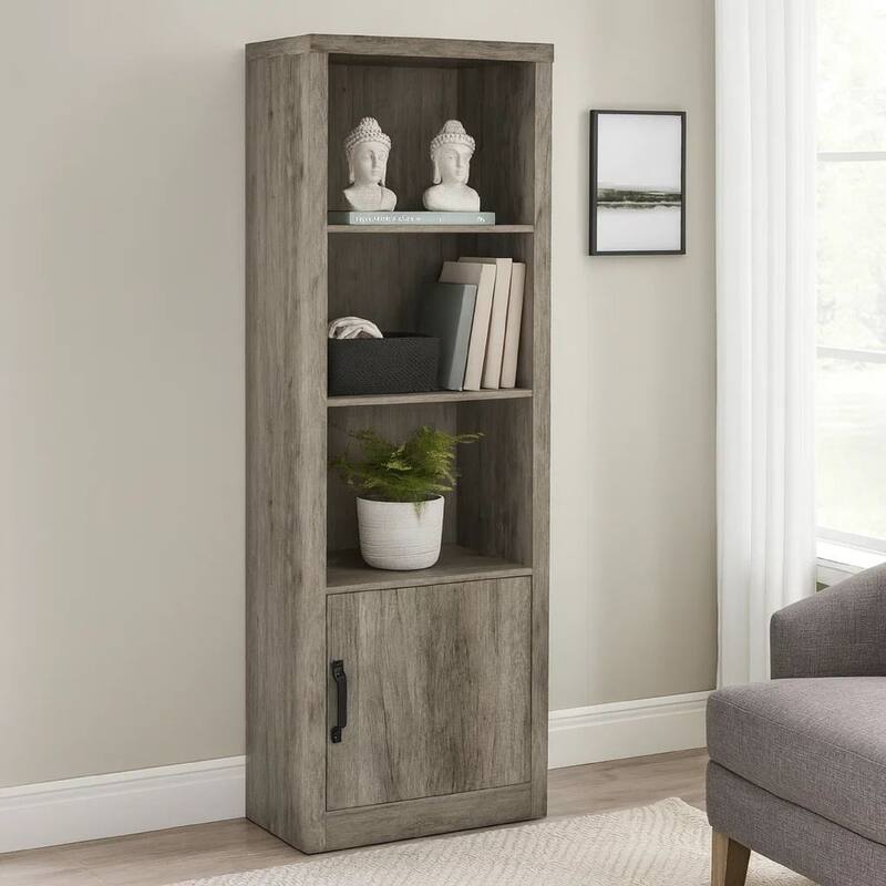 Sac 71 Inch Media Pier Tower with 3 Shelves and Single Cabinet, Gray Wood