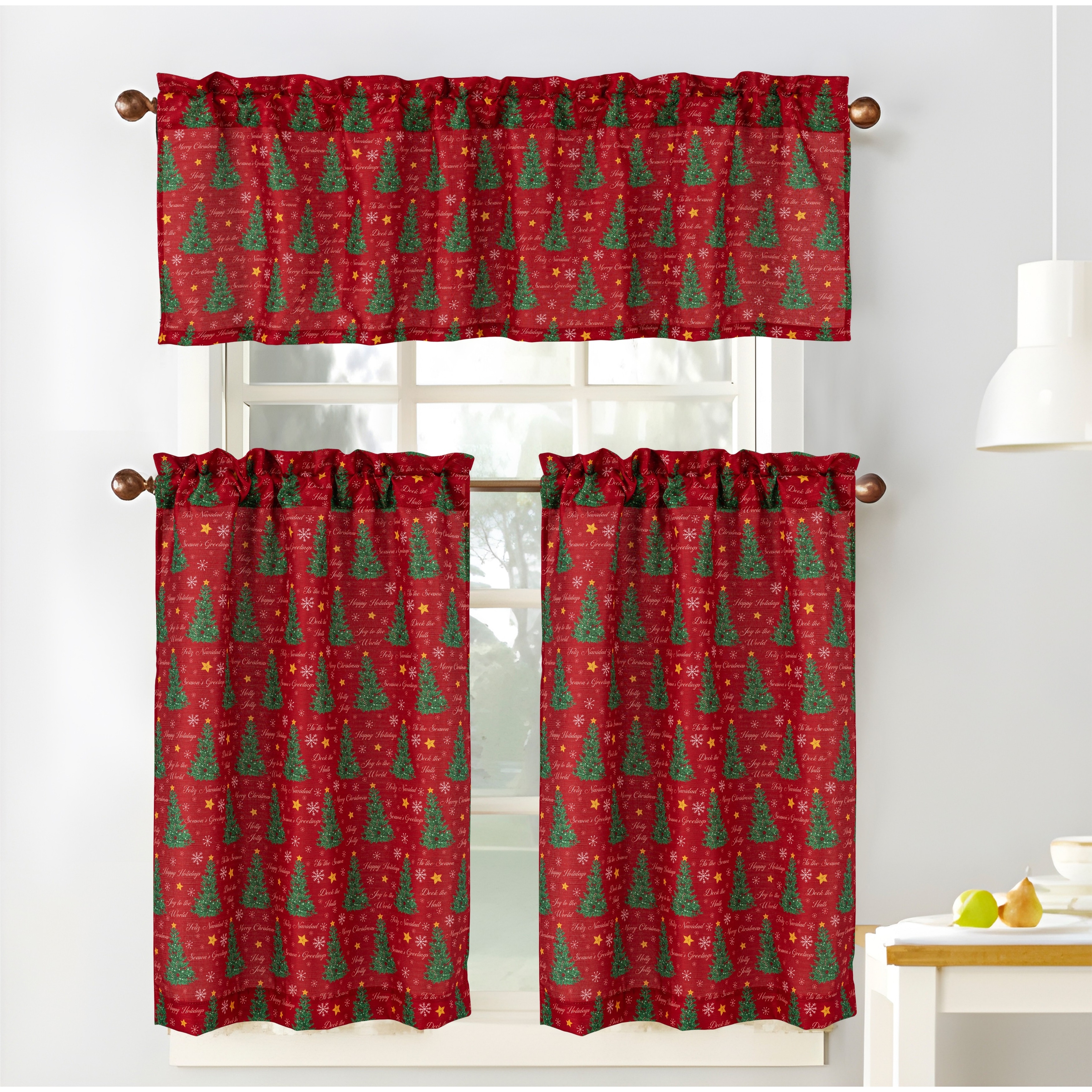 Christmas Tree Greetings Kitchen Curtain Set - Red