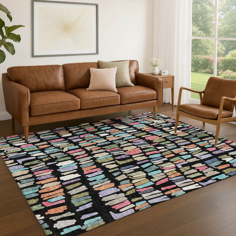 Machine Washable Indoor/ Outdoor Modern Mosaic Chantille Rug